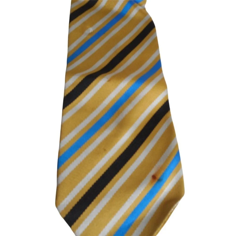 Vintage 1970s Striped Black gold blue grey clip on Tie necktie - Estate Find